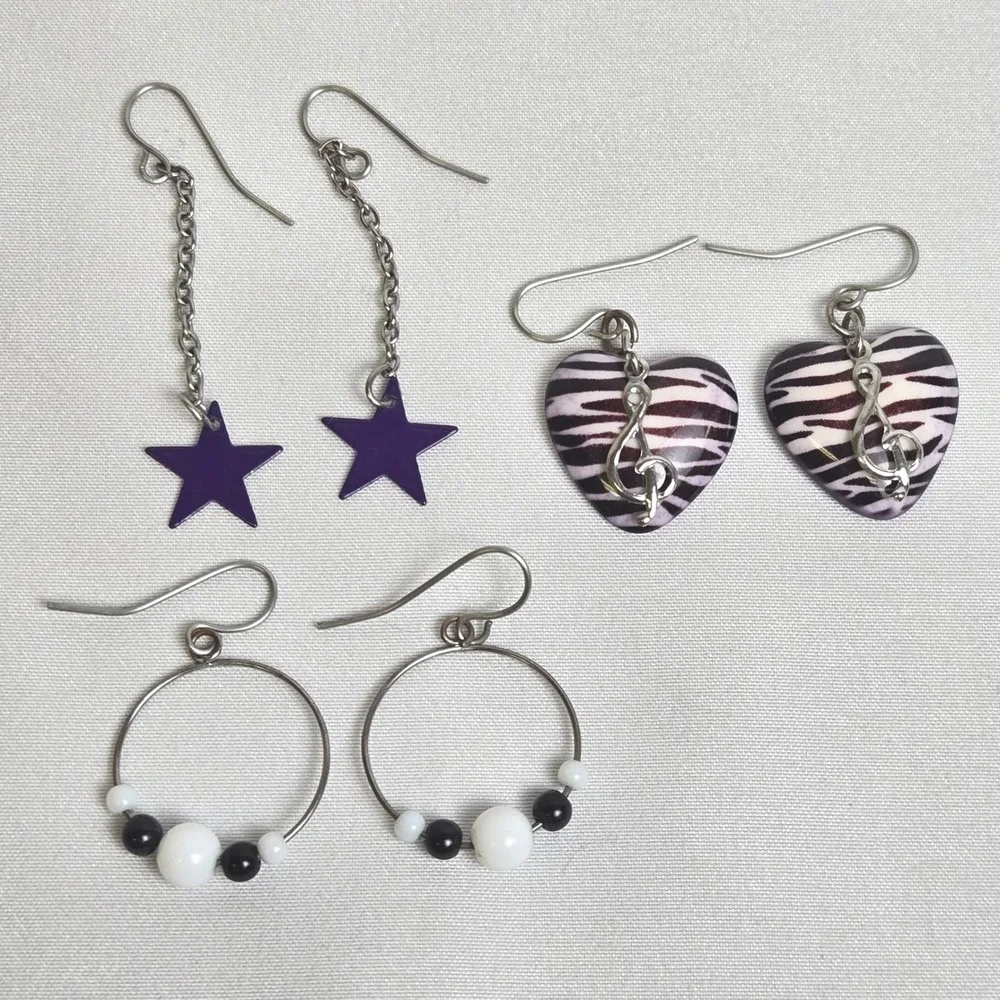 Lot of 3 Pairs of Earrings Stars Hearts Hoops Silver Tone Hardware